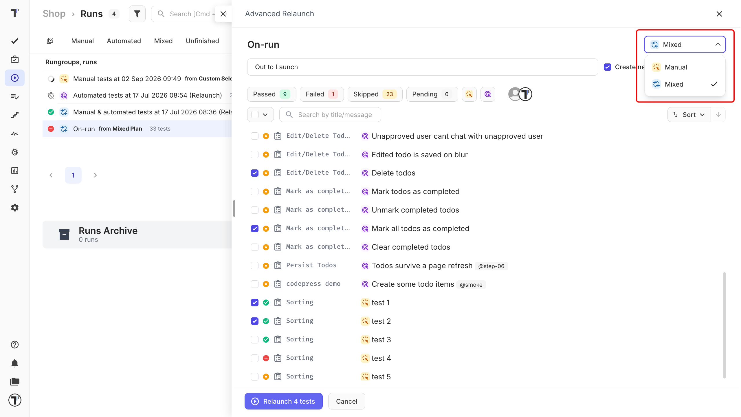 The Advanced Relaunch window with the run type defined by the selected tests