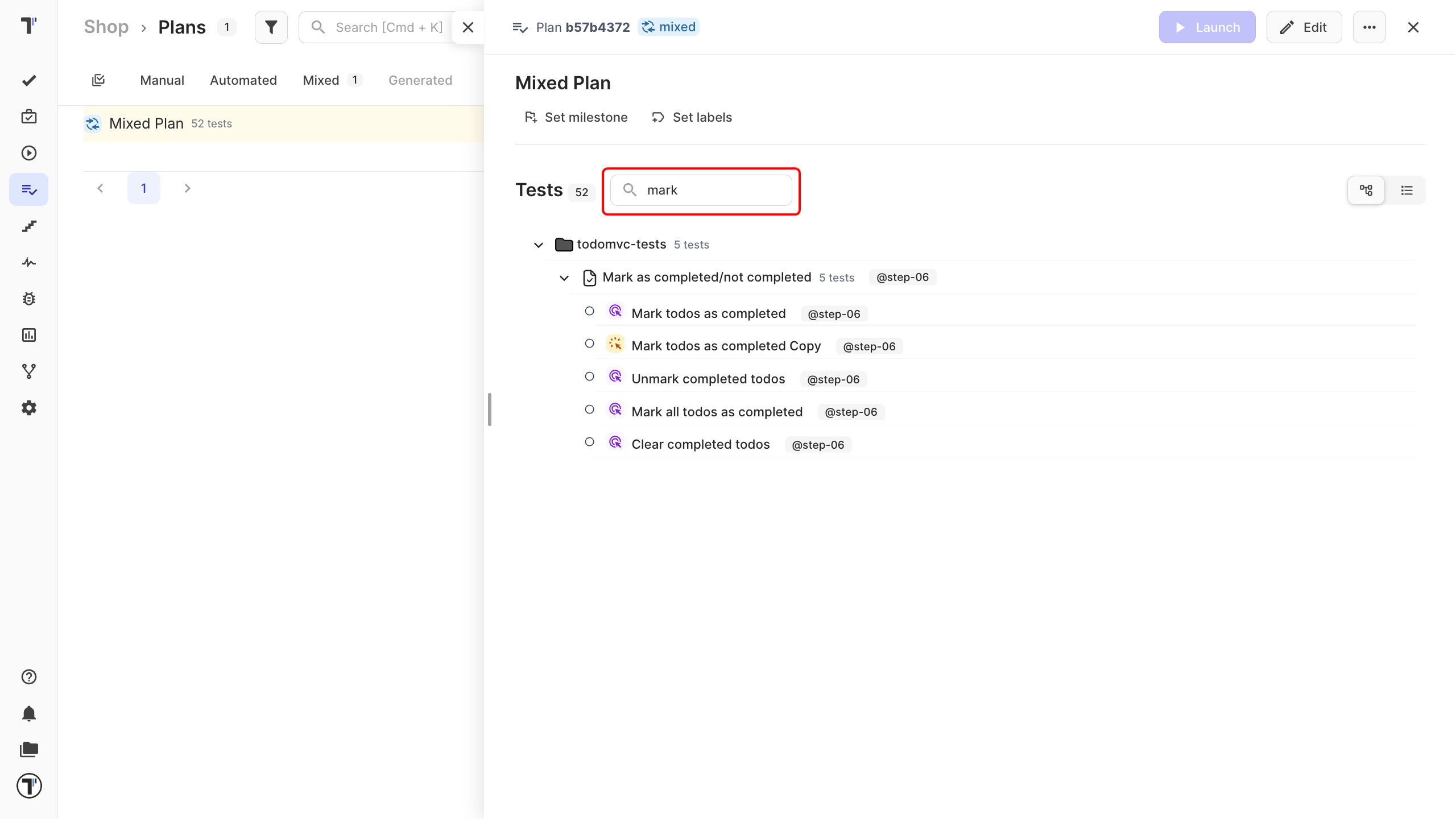 Searching for a test inside an open test plan