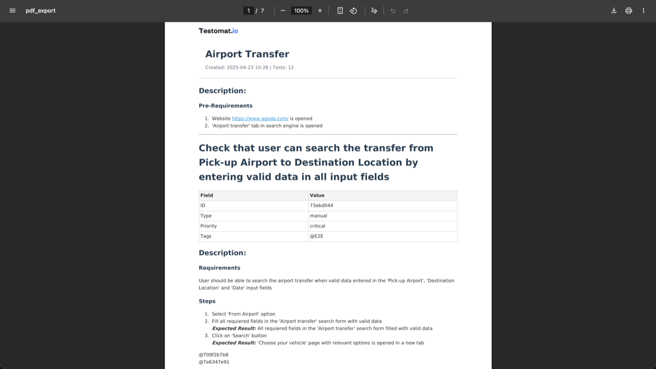 A generated suite PDF showing test cases with their steps and screenshots